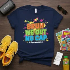 BRUH WE OUT NO CAP #sigmasummer unique graphic design printed on comfortable cotton t-shirt