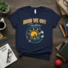 Bruh We Out Teachers t-shirt design featuring a smiling sun, school building, and "Last Day" calendar graphic, perfect for summer