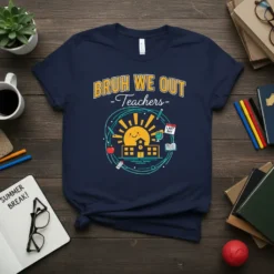 Bruh We Out Teachers t-shirt design featuring a smiling sun, school building, and "Last Day" calendar graphic, perfect for summer