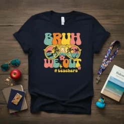 Bruh We Out #teachers retro t-shirt design with sunglasses reflecting palm trees and beach scene