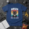 Bruh What The Sigma? text with a black cat in a suit on a retro sunset background, t-shirt design