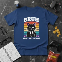 Bruh What The Sigma? text with a black cat in a suit on a retro sunset background, t-shirt design