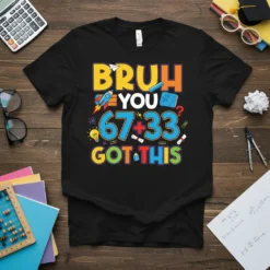 Bruh You 67+33 Got This math quote t-shirt with colorful typography and school-themed graphics