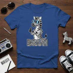 BRUH graphic t-shirt design with a cartoon zebra wearing sunglasses and giving a thumbs-up gesture