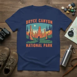 Bryce Canyon National Park graphic t-shirt with hiking scene and text, featuring hoodoos and pine trees
