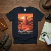 Bryce Canyon National Park vintage travel poster design on a navy t-shirt, featuring hoodoos and a sunset scene