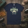 Bubba Est 1978 fishing t-shirt with a vintage design of a fisherman in a boat at sunset