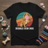 Bubble Gum Dog T-Shirt design featuring a brown dog blowing pink bubble gum with a retro sunset background