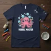 Bubble Master t-shirt with a cute pink octopus blowing bubbles, text reads "BUBBLE MASTER"