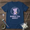 Bubble Tea Addict T-Shirt with a cute purple bear holding a bubble tea, surrounded by a floral wreath