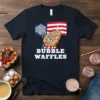 Bubble Waffles text design with an American flag and a bubble waffle graphic, navy t-shirt