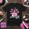 Black t-shirt with "BUBBLEGUM BEAT" text and a black and white cat wearing pink sunglasses blowing pink bubblegum