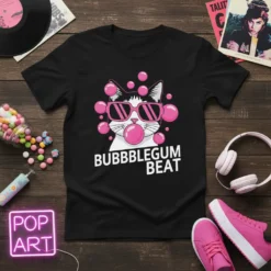 Black t-shirt with "BUBBLEGUM BEAT" text and a black and white cat wearing pink sunglasses blowing pink bubblegum