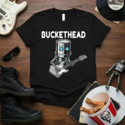 Black t-shirt featuring the text BUCKETHEAD above a cartoon robot playing a guitar
