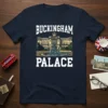 Navy blue t-shirt featuring a stylized illustration of Buckingham Palace with the text "BUCKINGHAM PALACE" above and below