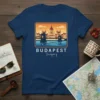 Budapest Hungary cityscape t-shirt design featuring the Danube River and iconic Parliament building, with bold text