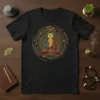 Black t-shirt with Buddha meditating within a gold and red abstract circular design, featuring the primary keyword Buddha Meditation Art