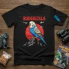 Black t-shirt with "BUDGIEZILLA" text and a cartoon budgie perched on a mountain with helicopters and jets flying around it