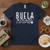 BUELA mode ALL DAY EVERY DAY text design on a navy t-shirt, featuring white handwritten-style font and small heart accents