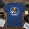 Bueno t-shirt design with a sun, coffee cup, stack of books, graduation cap, and microphone within a circle, all in