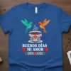 Buenos Días Mi Amor t-shirt with a decorative coffee cup and two hummingbirds, featuring Spanish text and floral patterns