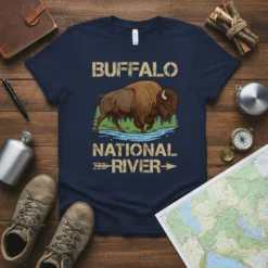 Buffalo National River t-shirt design with a bison graphic and text, featuring outdoor scene