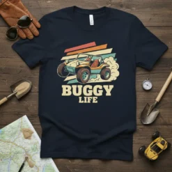 Vintage BUGGY LIFE t-shirt design with a retro dune buggy graphic and distressed text