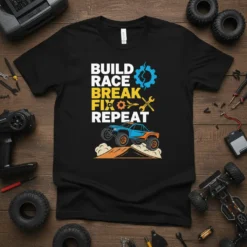 Build Race Break Fix Repeat text graphic with RC car and tools, on a black t-shirt