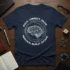 BUILD. CONNECT. GROW. INNOVATE. REPEAT. EVOLVE. text with a geometric brain graphic on a navy t-shirt
