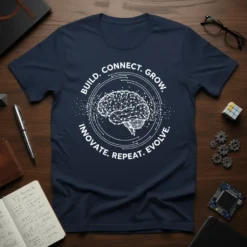 BUILD. CONNECT. GROW. INNOVATE. REPEAT. EVOLVE. text with a geometric brain graphic on a navy t-shirt