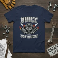 BUILT NOT BOUGHT T-Shirt with a detailed V8 engine graphic, flames, and smoke