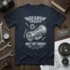 T-shirt design with "BUILT NOT BOUGHT TRANSMISSION GEARS" text and a detailed illustration of a transmission component