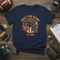 Built For Glory Est. 2024 football bear graphic tee with American flag background