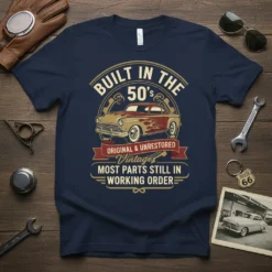 T-shirt design featuring "Built in the 50's Original & Unrestored Vintage Most Parts Still in Working Order" text and a