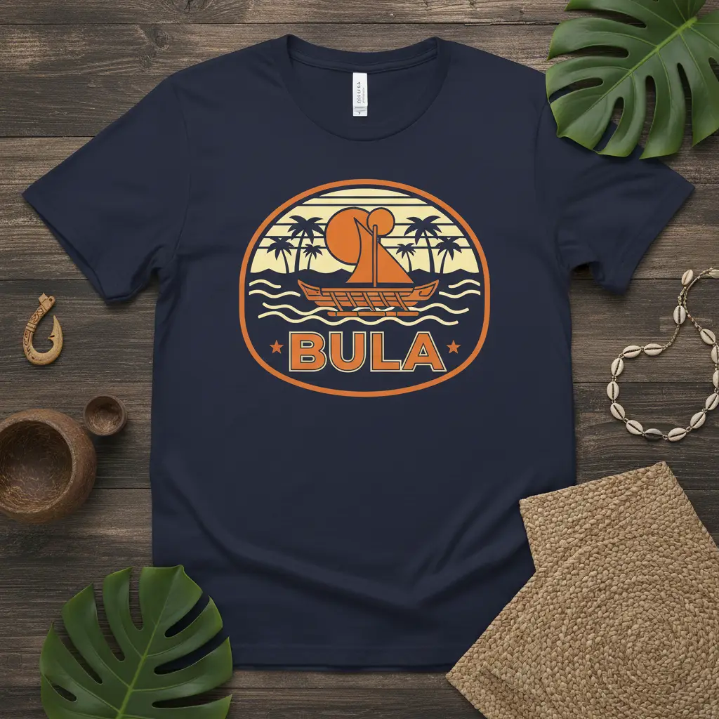 Bula text and tropical island graphic with sailboat and palm trees on a navy t-shirt