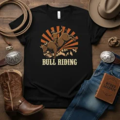 Bull riding graphic with cowboy on a bucking bull and "Bull Riding" text, set against a sunburst and mountain backdrop