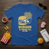Burger & Fries Co. Est. 1980 design featuring a classic burger and fries graphic, printed on a blue t-shirt