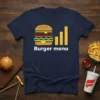 Burger Menu graphic tee featuring a stylized burger illustration next to a bar chart, white text reads "Burger menu"
