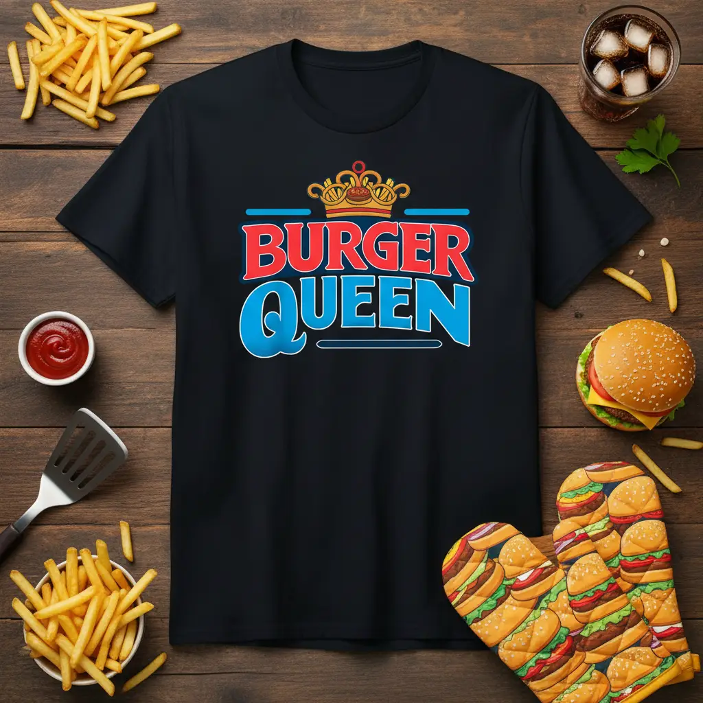 Burger Queen graphic tee with bold red and blue text and a regal crown illustration