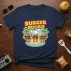 Burger Squad t-shirt design featuring three cartoon burgers with sunglasses and palm trees on a beach