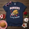 Burgers Are My Valentine t-shirt with a cartoon burger on a rocket and red hearts, designed for burger lovers