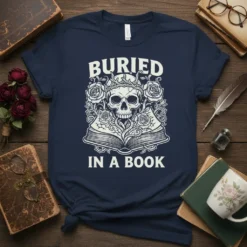 Buried In A Book T-Shirt with skull, roses, and open book graphic