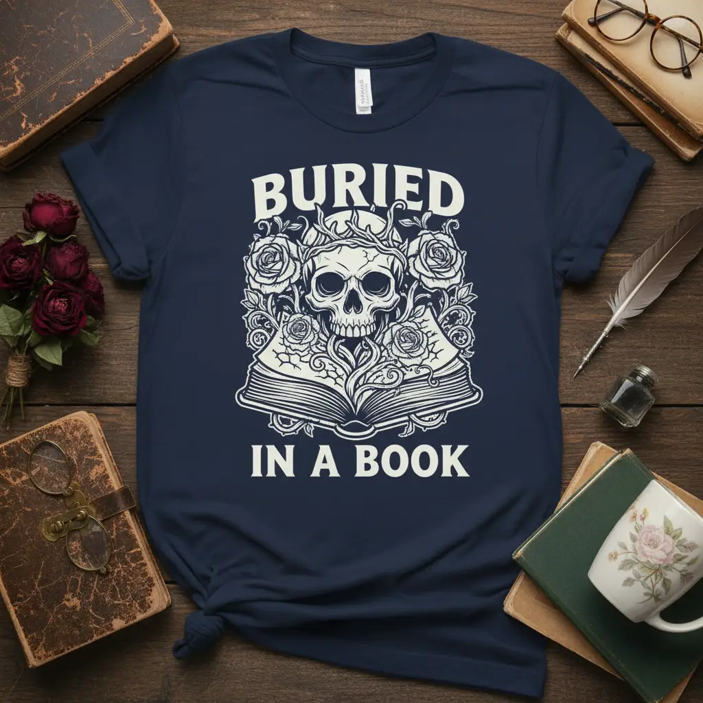 Buried in a Book Skull Roses T-Shirt for Book Lovers
