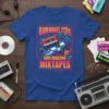T-shirt with "Burning CDs And Making Mixtapes" text, featuring a cassette tape, CD, headphones, and robotic arms in a retro