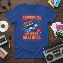 T-shirt with "Burning CDs And Making Mixtapes" text, featuring a cassette tape, CD, headphones, and robotic arms in a retro