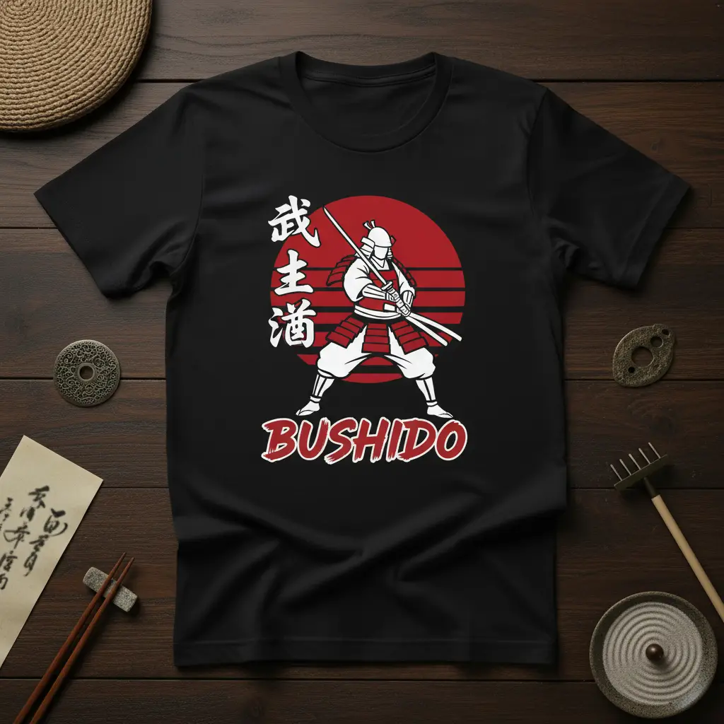 Bold Bushido Samurai Warrior graphic with Japanese characters on a black t-shirt design
