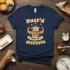 Bust'd Can of Biscuits funny t-shirt with a cartoon can of biscuits flexing muscles and spilling cookies