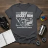 Busy Hockey Mom Club My Weekends Are Booked text with hockey stick, puck, and calendar graphics on a dark grey