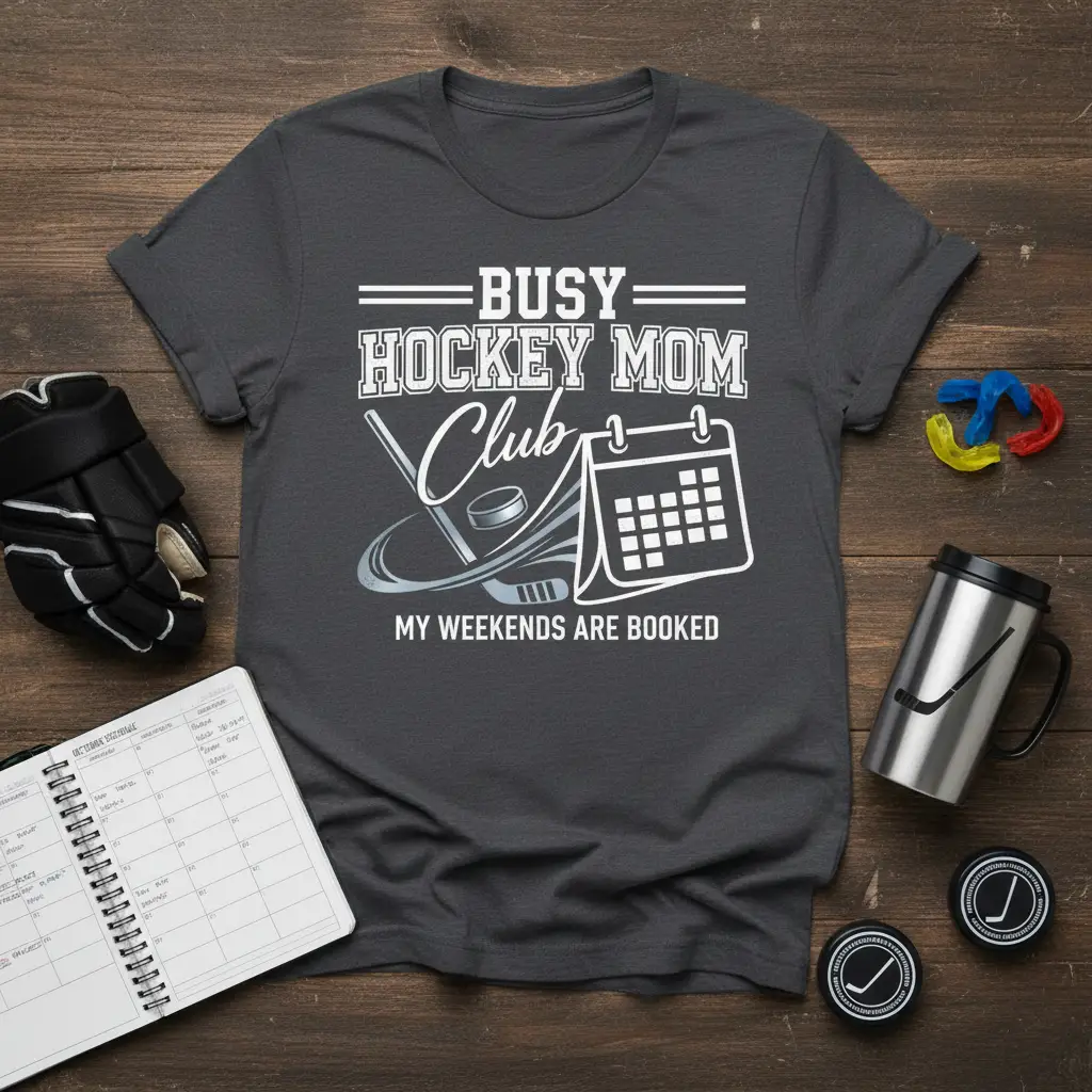 Busy Hockey Mom Club phrase with hockey stick and calendar graphic on t-shirt design