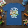 Busy Town Vehicle Crew t-shirt design featuring a school bus, fire truck, police car, ambulance, and construction vehicles in a